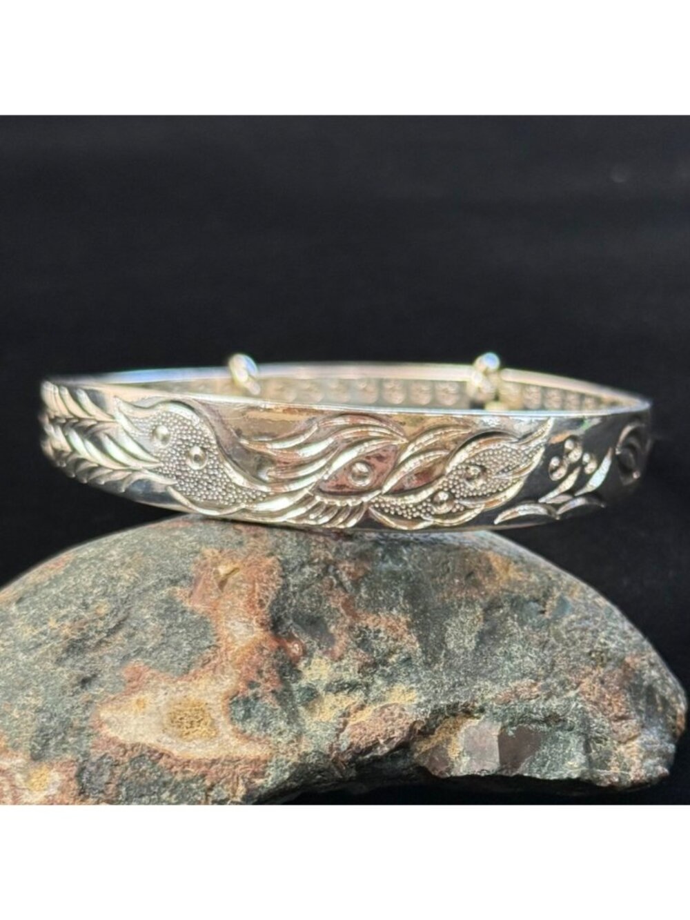 Vintage Inspired 90s Handmade Silver Plated Phoenix & Floral Bracelet Bangle